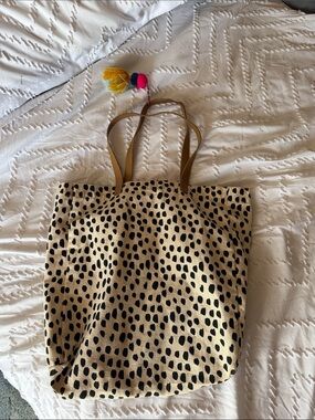 Leopard Print Canvas Tote Bag with Brown Straps